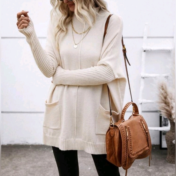 New Chic Oversized Knit Mock Neck Tunic Sweater Ivory Cream Beige - Picture 2 of 8